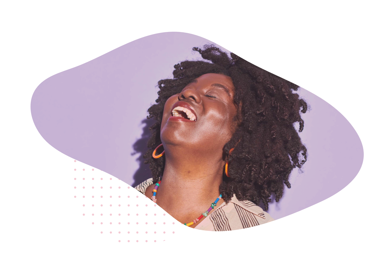 Image of a joyous Black woman with natural hair, bright colored earrings and a stripped shirt throwing her head back in laughter over a purple background is transposed into an amorphous blob shape. 